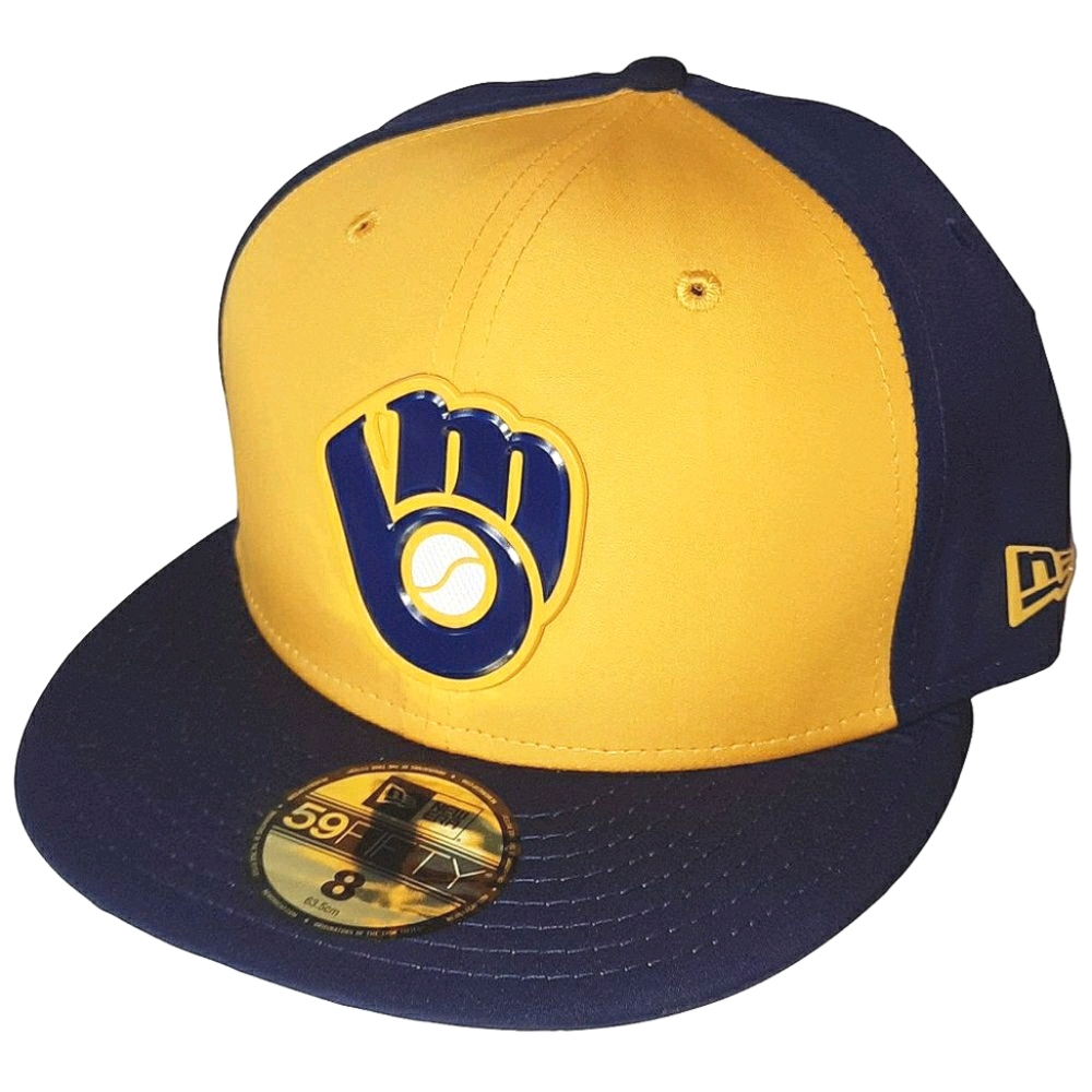 NWT Milwaukee Brewers Glove Prolight Batting Practice ‘18 Fitted Hat YELLOW NAVY